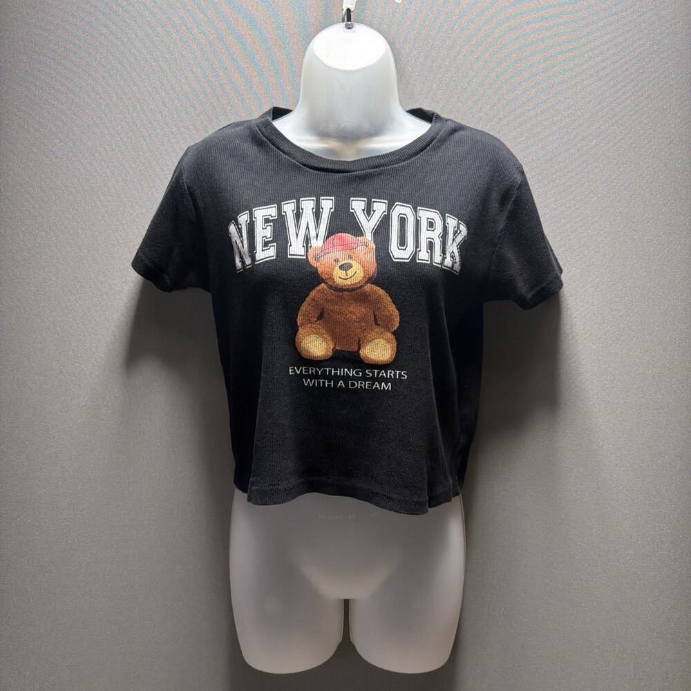 On Fire Women’s Dream New York Bear Graphic Crop Ribbed Tee – Size L Cotton